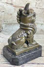 Chinese Foo Dog Guardian Lion Bronze Statue Sculpture Figure Marble Base 7.5