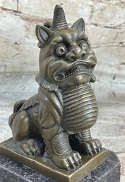Chinese Foo Dog Guardian Lion Bronze Statue Sculpture Figure Marble Base 7.5