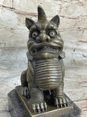 Chinese Foo Dog Guardian Lion Bronze Statue Sculpture Figure Marble Base 7.5