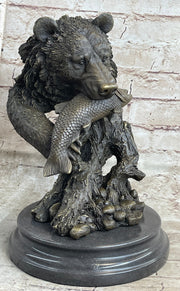 Bear Catching Salmon Bronze Metal Bust Statue Sculpture Original Art on Marble Base