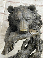 Bear Catching Salmon Bronze Metal Bust Statue Sculpture Original Art on Marble Base