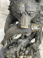 Bear Catching Salmon Bronze Metal Bust Statue Sculpture Original Art on Marble Base