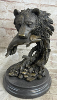 Load image into Gallery viewer, Bear Catching Salmon Bronze Metal Bust Statue Sculpture Original Art on Marble Base