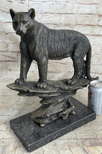 Mountain Lion Puma Panther Cougar Bronze Sculpture Statue Figure on Marble Base