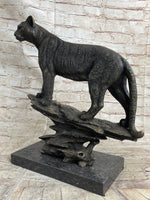 Mountain Lion Puma Panther Cougar Bronze Sculpture Statue Figure on Marble Base