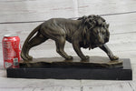 Male Lion Stalking Prey Bronze Sculpture Statue Signed Art on Marble Base