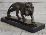 Male Lion Stalking Prey Bronze Sculpture Statue Signed Art on Marble Base