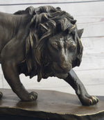 Male Lion Stalking Prey Bronze Sculpture Statue Signed Art on Marble Base