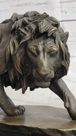 Male Lion Stalking Prey Bronze Sculpture Statue Signed Art on Marble Base