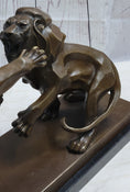 Load image into Gallery viewer, Two Guardian Lions Bronze Sculpture Statue Decor on Marble Base by Antoine Barye