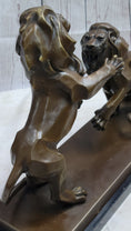 Load image into Gallery viewer, Two Guardian Lions Bronze Sculpture Statue Decor on Marble Base by Antoine Barye
