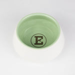 White and green ceramic dog bowl