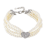 4-Row Pearls Dog Necklace with Rhinestone Heart Pendant