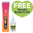 Load image into Gallery viewer, Andis ProClip 5-in-1 Sunset Clipper in gradient orange and pink, with free needle bottle and shear oil displayed.