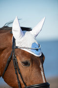 Load image into Gallery viewer, Azurine Fly Hat by Southlake Paws, featuring a white mesh design with decorative ears and rhinestone accents on a horse.