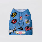 Hello Doggie designer dog harness in denim blue with colorful patches and metal ring