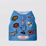 Hello Doggie designer dog harness in blue denim with colorful patches and metal ring
