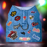 Hello Doggie designer dog harness in blue with colorful patches and fun embroidered designs