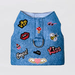 Hello Doggie designer dog harness in denim with colorful patches and central metal ring