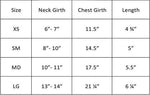 Size chart for Hello Doggie designer dog harness showing neck girth chest girth and length measurements