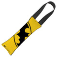 Load image into Gallery viewer, Dog Toy Squeaky Tug Toy - Batman JL Rebirth Face + Bat Icon CLOSE-UP Yellow Black - BLACK Webbing