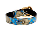 Blue & Yellow Elegant Plaid Italian Leather Collar With Swarovski Crystal Hardware