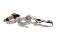 Load image into Gallery viewer, White Floral Mosaic Italian Leather Collar, Leash, Harness Set with Orante Swarovski Crystal Hardware by Allysa Payne Beverly Hills