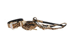 Classic Leopard Print Hair On Hide Italian Leather Swarovski Crystal Collar, Leash & Harness Set
