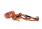 Orange Floral Mosaic Italian Leather 3 Wide Style Collar, Harness & Leash Set