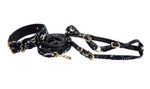 Dark Navy Lace On Gold Italian Leather Classic Collar, Leash & Harness Set