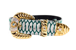 Green & Off White Embossed Python Print Italian Leather With Ornate Swarovski Crystal Hardware