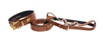 Brown & Gold Embossed Croc Italian Leather 3 piece Italian Hardware Collar, Leash, Harness Set
