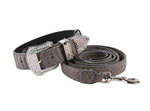 Dark Grey Snake Print Hair On Hide Italian Leather Collar & Leash Set With Swarovski Crystal Hardware