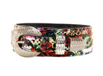 Floral, Scull, Snake Print Italian Leather Collar With Silver 3 Piece Hardware
