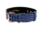 Blue Embossed Croc Italian Leather Collar With Gold Classic Hardware
