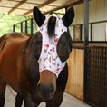 Load image into Gallery viewer, Lycra horse fly mask with ears featuring a floral design, designed for comfort and protection against flies.
