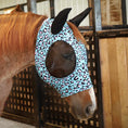 Load image into Gallery viewer, Jeffers Expression Lycra Horse Fly Mask with Ears features a blue leopard print design, fitted over a horse's head.