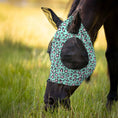Load image into Gallery viewer, Southlake Paws Jeffers Expression Lycra Horse Fly Mask with Ears, featuring a leopard print design and mesh eye openings.