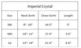 Load image into Gallery viewer, Size chart for Hello Doggie luxury crystal dog harness showing neck girth, chest girth, and length measurements