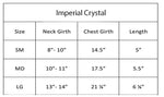 Size chart for Hello Doggie luxury crystal dog harness showing neck girth, chest girth, and length measurements