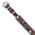 Load image into Gallery viewer, Brown leather dog collar featuring floral vine design with colorful flowers and white stitching. Adjustable metal buckle.