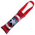 Load image into Gallery viewer, MARVEL AVENGERS Dog Toy Squeaky Tug Toy - Captain American Face + Shield Icon CLOSE-UP Red Red - Red Webbing