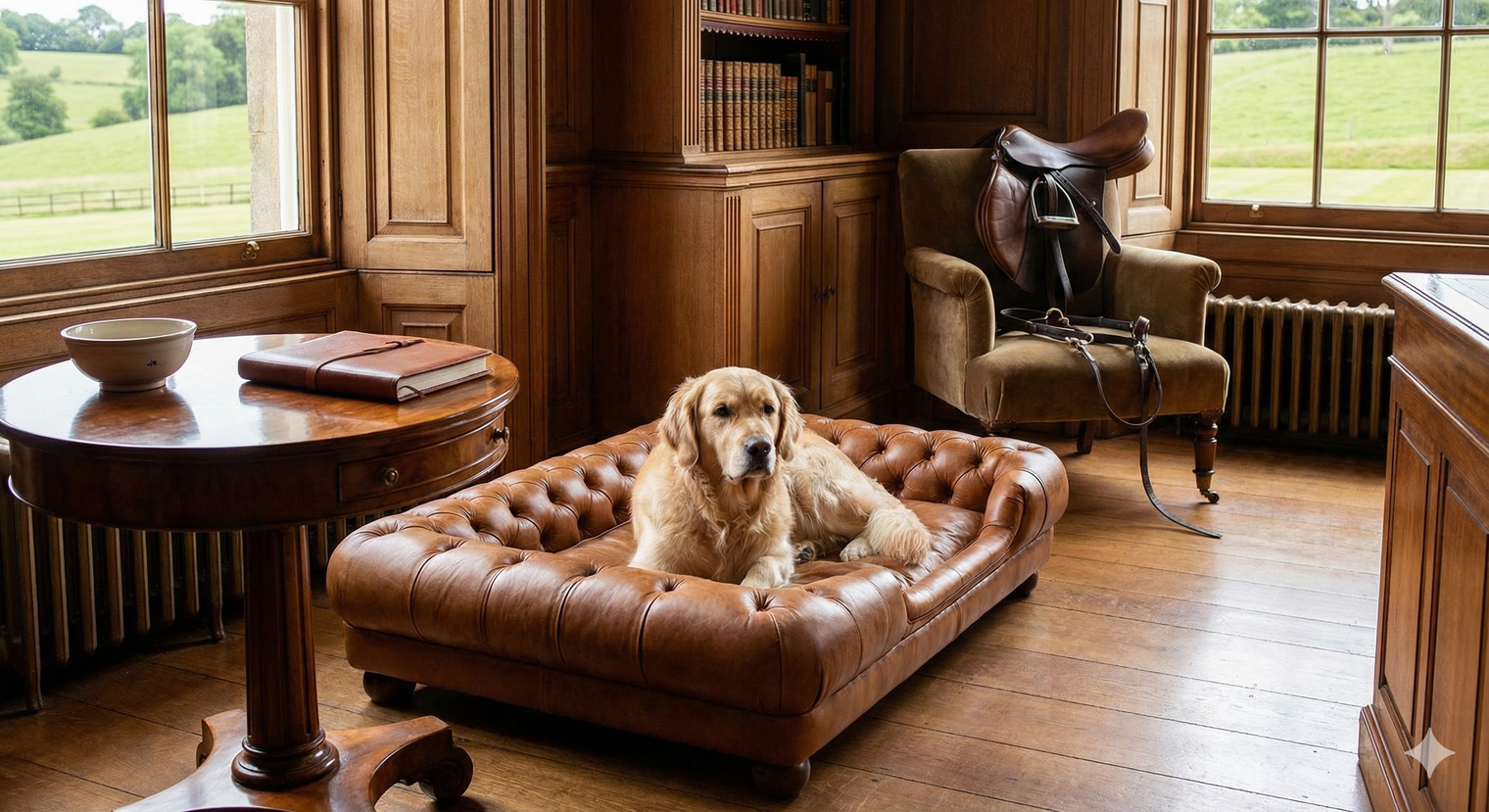 A golden retriever reclines on a luxurious brown leather Chesterfield-style dog bed in a sunlit, oak-paneled library of a country estate, with a saddle draped over a velvet armchair and views of rolling green fields outside the large windows.