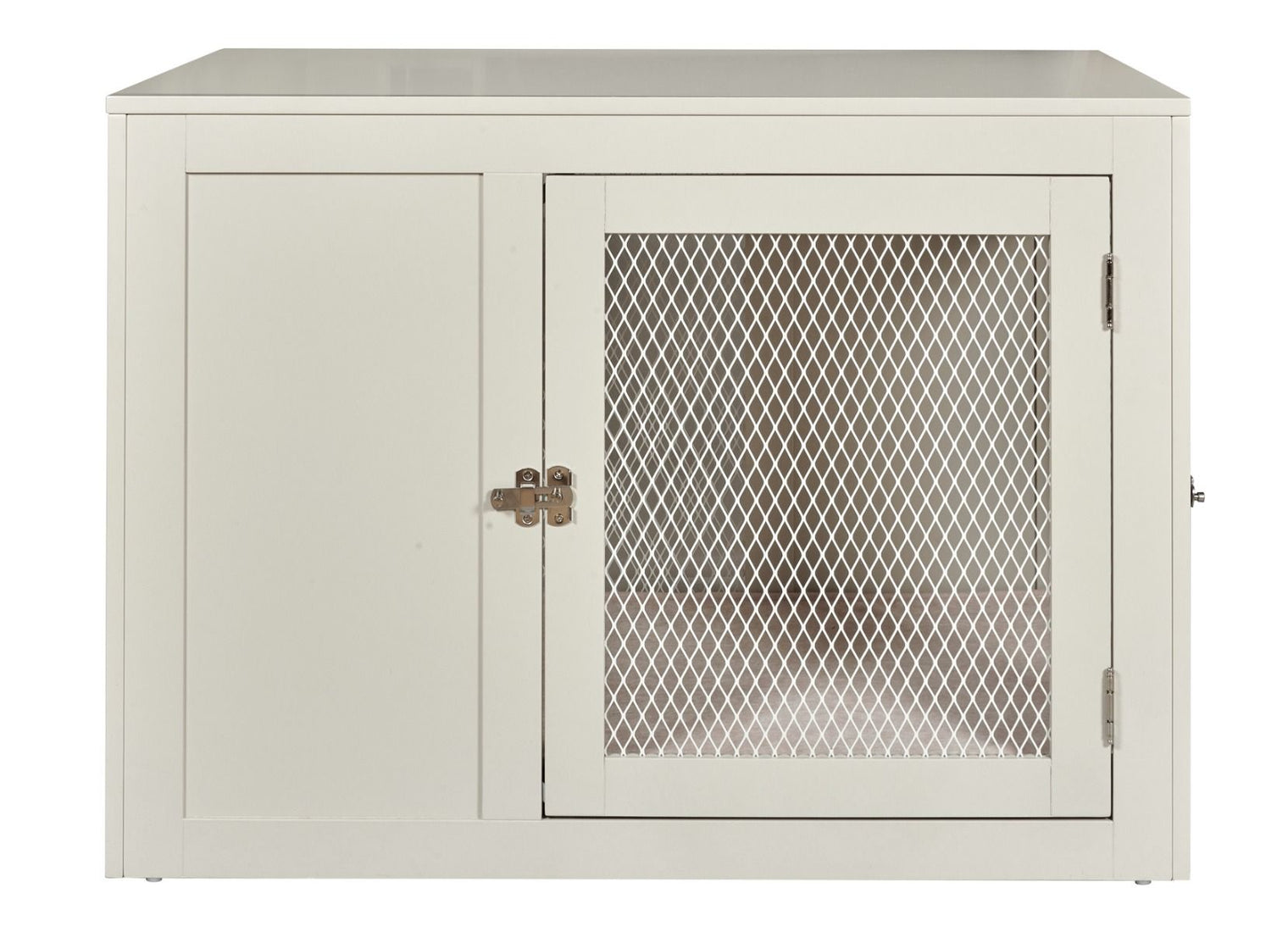Modern white furniture-style dog crate serving as a stylish sideboard in a luxury kitchen, featuring a brown dog resting comfortably inside.