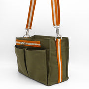 organizer bag in green cotton with compartments and internal pockets