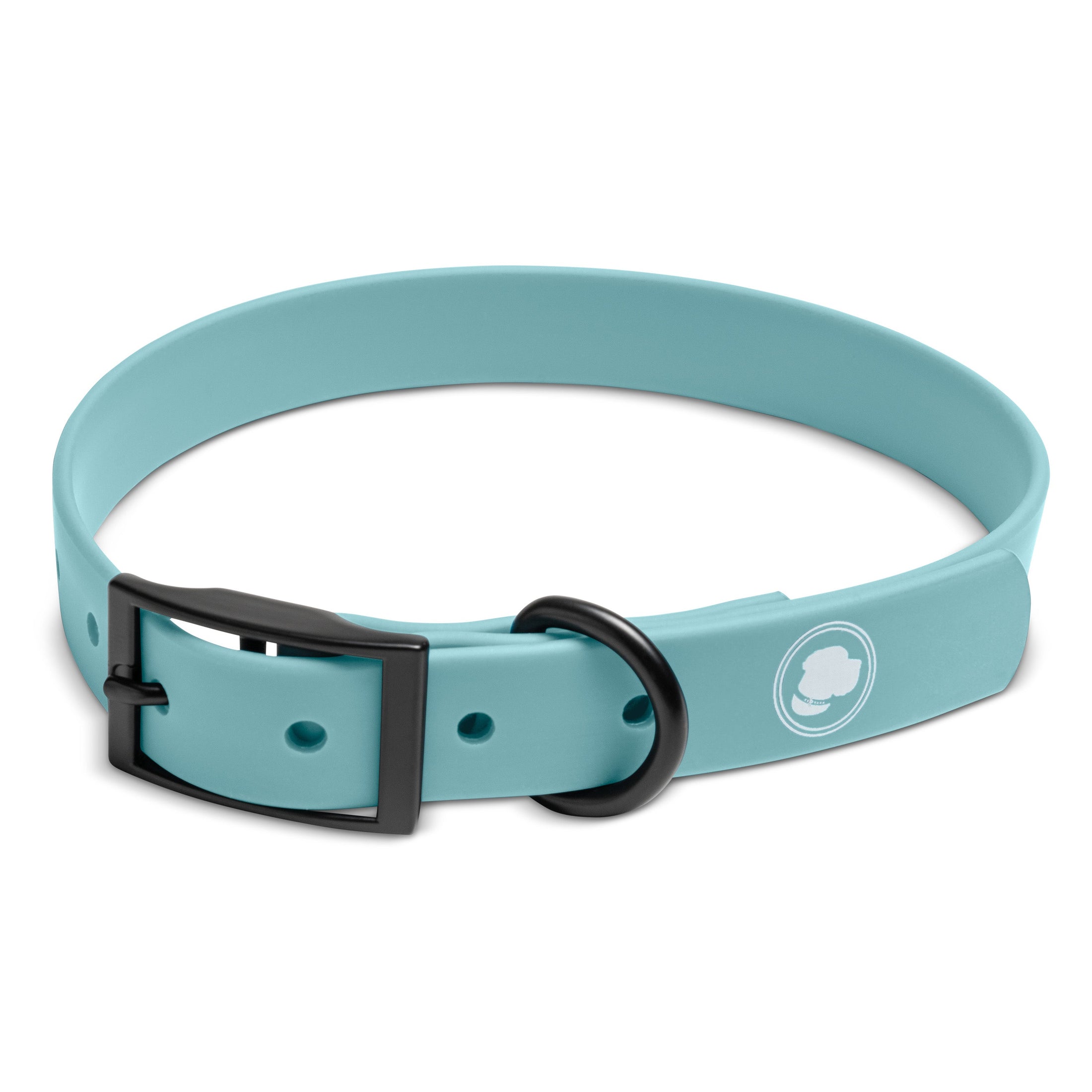 Dusty blue dog collar by The Modern Dog Company, weather and odor resistant, featuring a black buckle and logo.