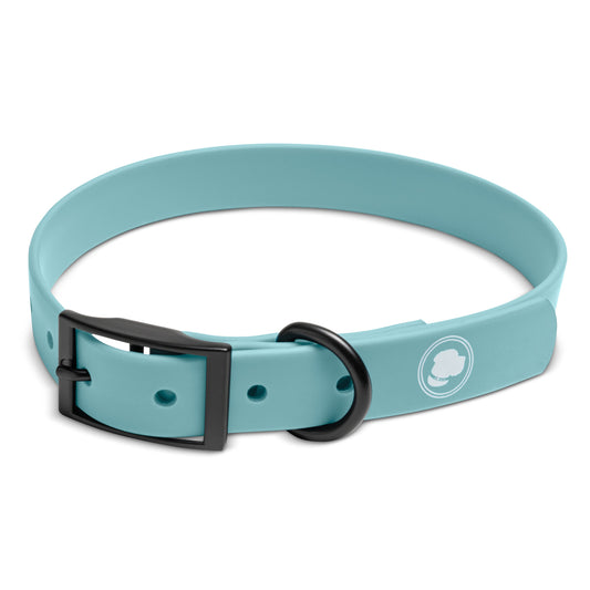 Dusty blue dog collar by The Modern Dog Company, weather and odor resistant, featuring a black buckle and logo.