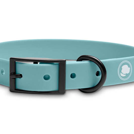 Dusty blue dog collar from The Modern Dog Company, featuring a black buckle and D-ring, weather and odor resistant.