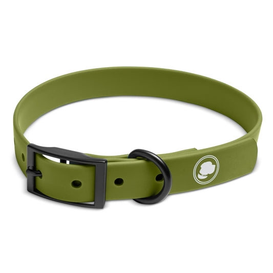 Olive green dog collar by The Modern Dog Company, featuring a black buckle and ring, weather and odor resistant.