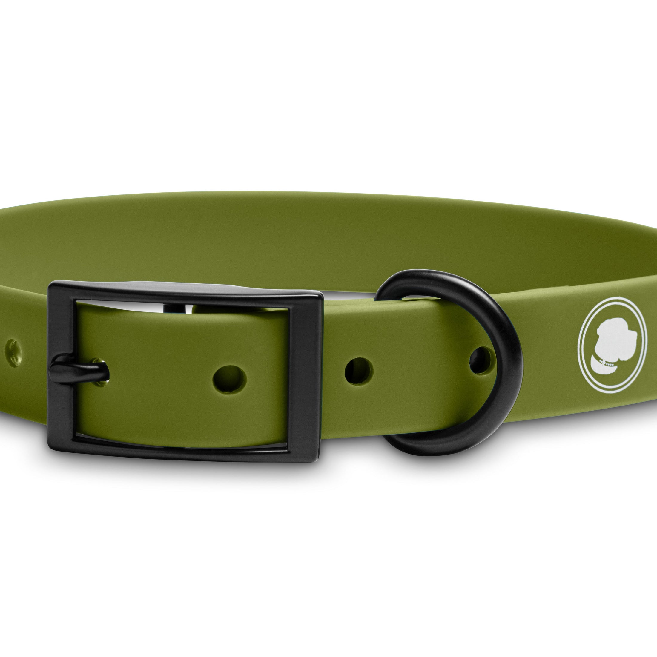 Olive green dog collar by The Modern Dog Company, featuring a black buckle and D-ring, weather and odor resistant.